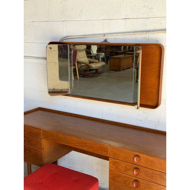 Wood 1970s Meredew Danish Teak Vanity Desk With Mirror and Stool Mid-Century Modern Dressing Table For Sale - Image 7 of 15