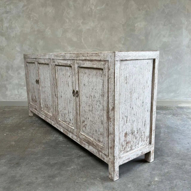 Mid-Century Modern Reclaimed Elm & Pine Wood Cabinet in Distressed White With 4 Doors For Sale - Image 3 of 10