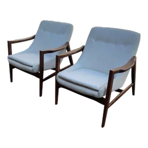 Mid Century Modern Walnut Cream Boucle Lounge Chairs - a Pair