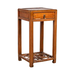 Chinese Vintage Elmwood Lamp Table With Single Drawer and Cracked Ice Shelf