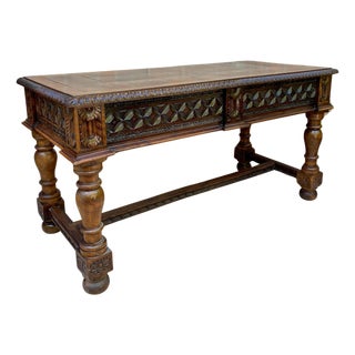 19th Century Spanish Walnut Desk with Two Drawers & Strong Legs, 1890s For Sale