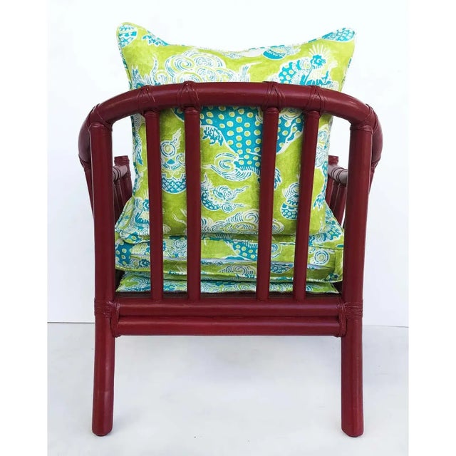 Red 1970s McGuire San Francisco Rattan Club Chairs, Brunschwing & Fils Fabric- A Pair. For Sale - Image 8 of 9