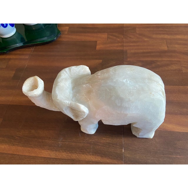 Indian Vintage Hand-Carved Alabaster Elephant Sculpture – Mid-Century White Stone Figurine For Sale - Image 3 of 12