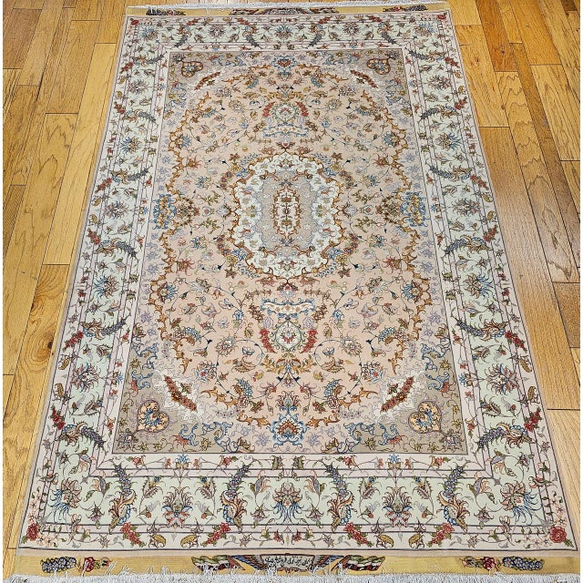 Persian Tabriz Rug, Hand-Knotted Wool & Silk, Floral Design Taupe & Pale Green, 7x10 For Sale - Image 16 of 18