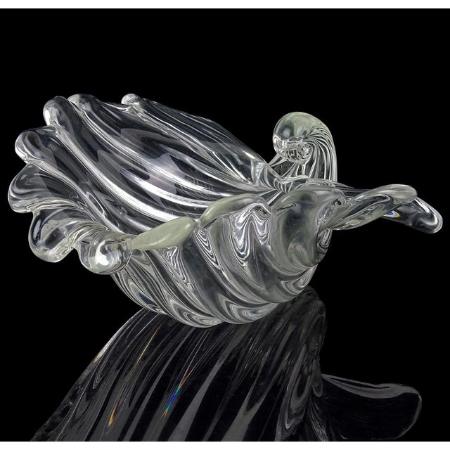 Late 20th Century Cartier Signed Murano Seguso Vintage Crystal Clear Ribbed Surface Italian Art Glass Seashell Shell Bowl For Sale - Image 5 of 11