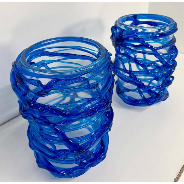 Italian Art Deco Style Cobalt Blue Murano Glass Vases by Cenedese, 2000s, Set of 2 For Sale - Image 6 of 9