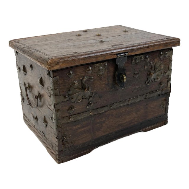 Antique Primitive Wood Strong Box With Metal Accents For Sale