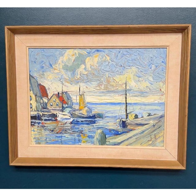 Mid 20th Century Scandinavian School, Port with Moored Sailboats, 1950s, Oil on Panel, Framed For Sale - Image 5 of 14