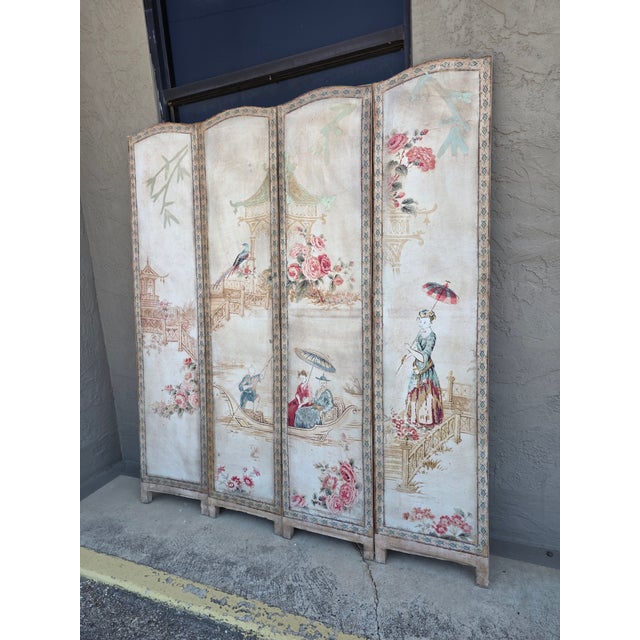 Vintage Four Panel French Chinoiserie Fabric Screen For Sale - Image 13 of 15