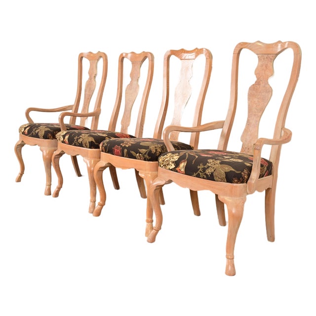 Drexel Heritage Queen Anne Carved Oak and Burl Wood Dining Chairs, Set of Four For Sale