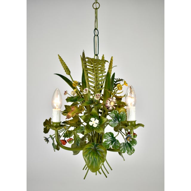 Vintage French Toleware Chandelier Flower Bouquet Green, 1960s For Sale - Image 4 of 12