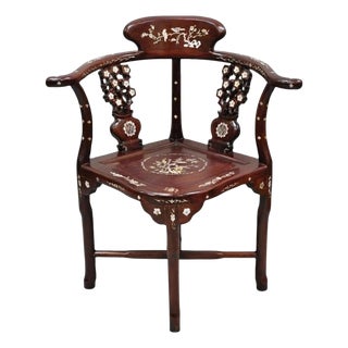 Vintage Chinese Carved Hardwood Corner Lounge Chair With Mother of Pearl Inlay For Sale