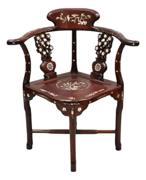 Vintage Chinese Carved Hardwood Corner Lounge Chair With Mother of Pearl Inlay