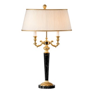 Italian Marble & 24k Gold-Plated Bronze Table Lamp With Silk Shade For Sale