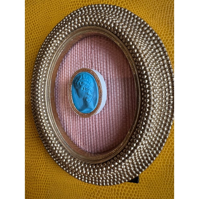 Miniature Aegean blue plaster intaglio, portrait replica of Grand Tour, made in the atelier of Parisian artist Marin...