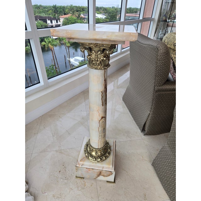 Ornate French Style Onyx and Bronze Louis 16th Pedestal sold as found in good vintage condition.