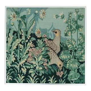 1990s Framed Botanical Needlepoint With Doves For Sale