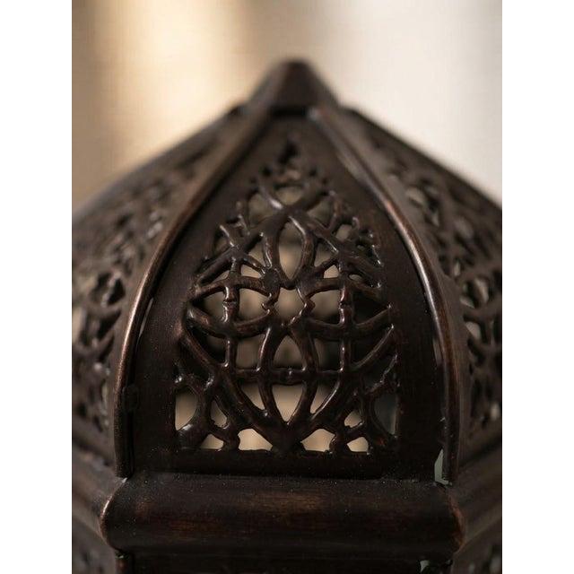 Art Deco Handmade Iron Lantern With Aged Bronze Finish & Frosted Glass For Sale - Image 3 of 5