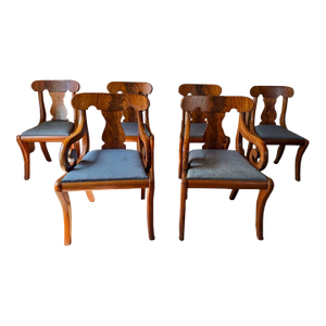 Early 20th Century Set of 6 Crotch Flame Mahogany Empire Style Saber Leg Dining Chairs