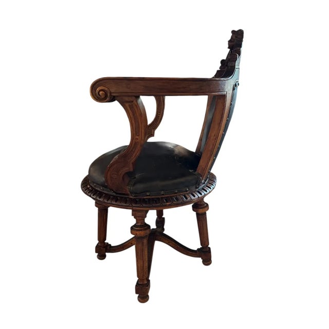 19th Century French Walnut Swivel Chair: Figural Crest & Organic Movement For Sale - Image 12 of 17