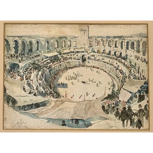 Original watercolor by American artist Joseph Pennell, dated 1883, depicting the Roman Amphitheatre in Arles. The...