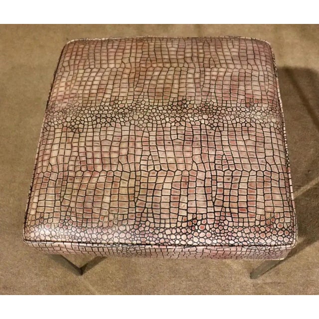 1990s Milo Baughman Style Faux Crocodile Upholstered Chrome Stools Ottomans - a Pair For Sale - Image 5 of 9