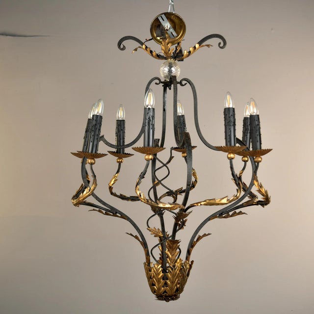 Vintage Italian Black and Gilt Tole Eight Light Chandelier For Sale - Image 4 of 12