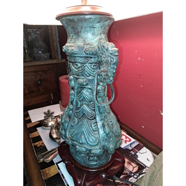 Lucky beetles adorn this fine Asian Archaic style Bronze Table lamp. Wu (wine) vessel, Shang Dynasty design. Splayed foot,...