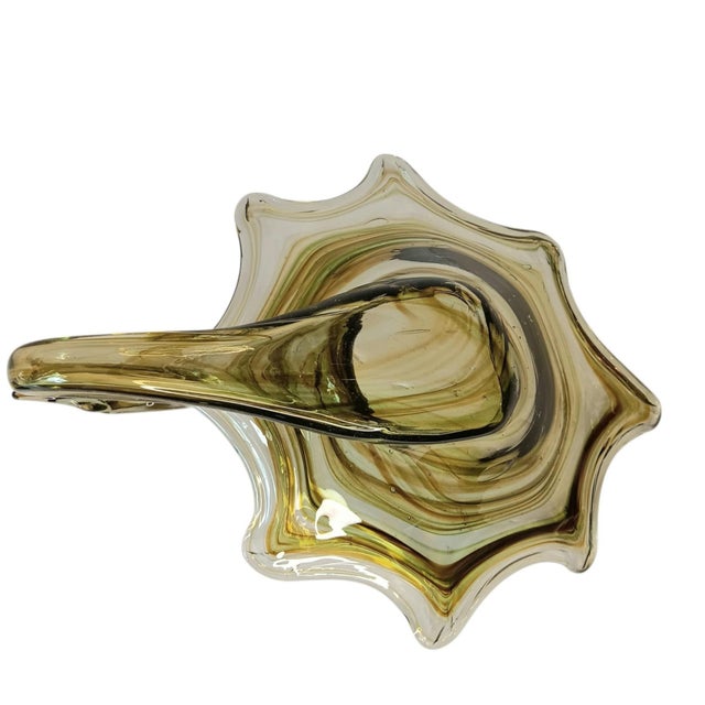 Glass Large Art Glass Swan Vase Green Brown Swirl Handblown Mid-Century Modern Sooner Glass For Sale - Image 7 of 16