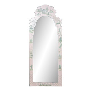 White Hand Painted Green Chinoiseries Style Tole Mirror For Sale