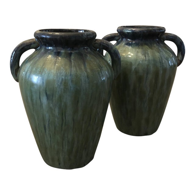 Studio Pottery Green and Blue Glazed With Handle Vases - Set of 2 For Sale
