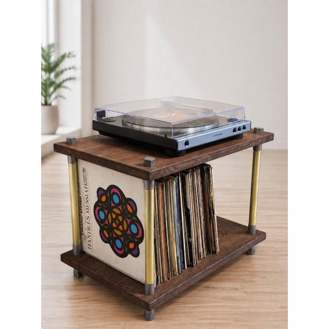 Industrial Industrial Solid Oak and Brass Turntable Console With Vinyl Storage For Sale - Image 3 of 6