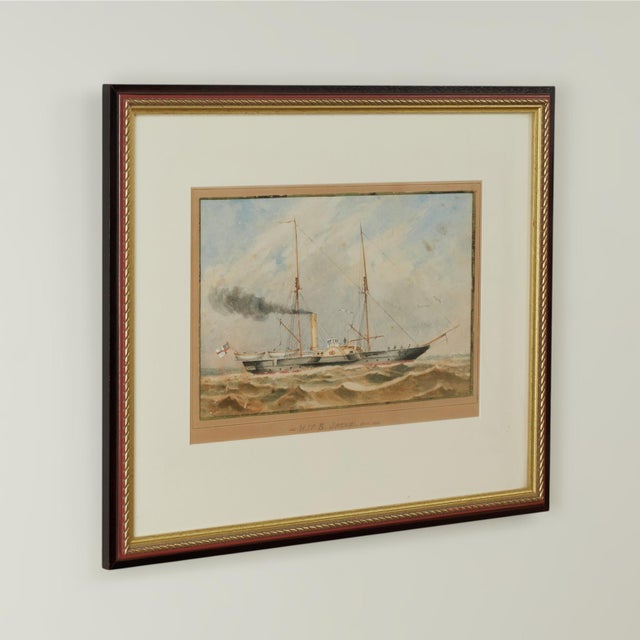 Transporting 19th century maritime watercolor on paper of the iron paddle gun vessel H. M. S. Jackal, a fishery protection...