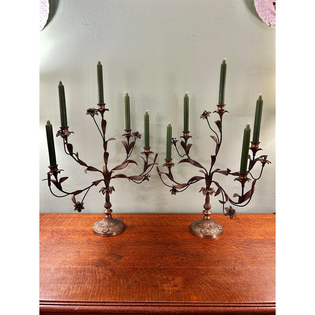 Vintage Italian or French Style Solid Brass Five-Light Floral Tole Candelabra With Original Gilt Finish For Sale - Image 4 of 14