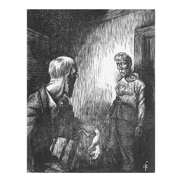 1950s Woodcut of a Confrontation For Sale