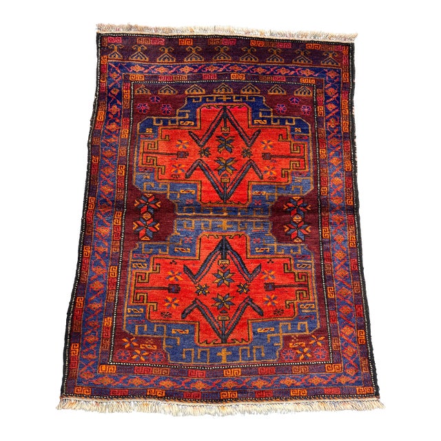 2'10 X 3'10 Ft Vintage Afghan Hand-Knotted Tribal Rug Red Blue Geometric Pattern Rug For Sale