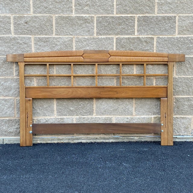 American of Martinsville Queen or Full Mid-Century Modern Sculptural Walnut & Woven Rush Headboard For Sale - Image 13 of 13