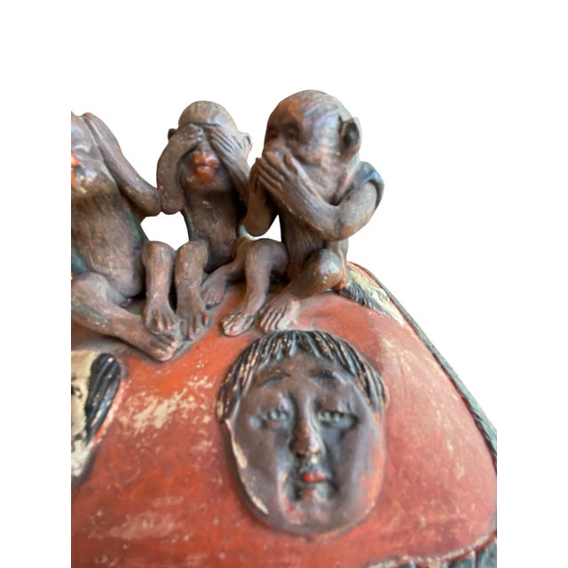 1930's Japanese "See No Evil" Monkeys Ceramic Humidor For Sale - Image 4 of 9
