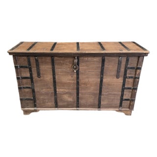 1990s Handcrafted Solid Reclaimed Wood Trunk With Iron Strappings For Sale