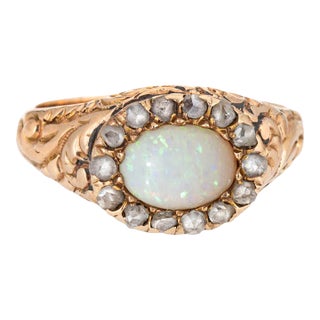 Antique Victorian Opal Diamond 14k Yellow Gold Ring Size 5.75 For Sale