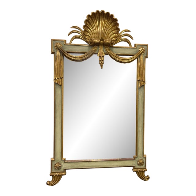 Vintage Italian Hollywood Regency Mirror With Large Carved Gilt Shell and Verdigris Frame For Sale