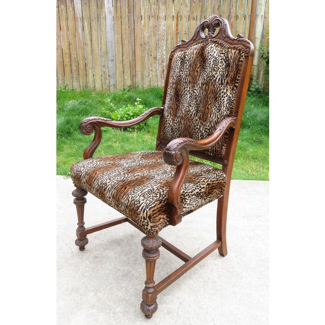 Antique Carved Wood Spanish Revival Arm Throne Chair W/ Leopard Tiger Jungle Cat Velvet Upholstery For Sale - Image 11 of 17