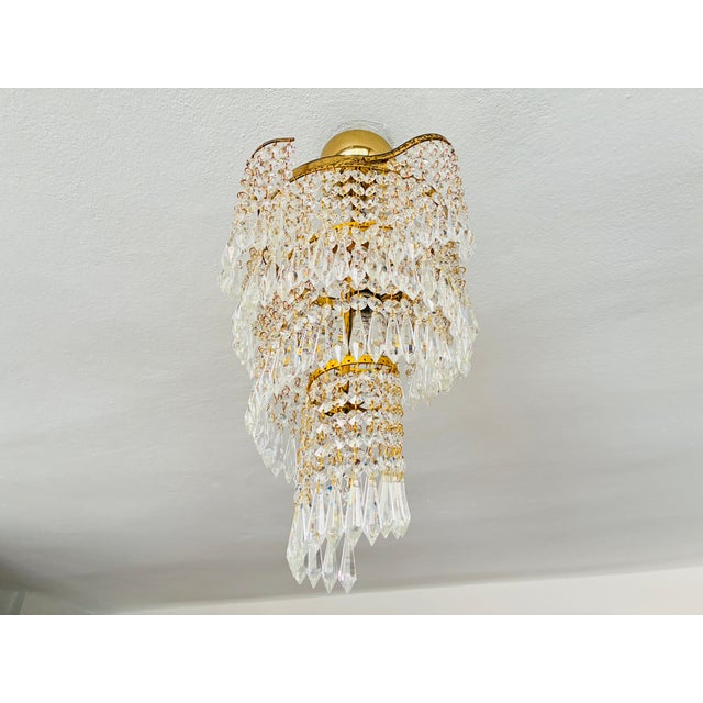1960s French Style Custom Designed Crystal Waterfall Flush Mount Chandelier – 1 Light For Sale - Image 11 of 18