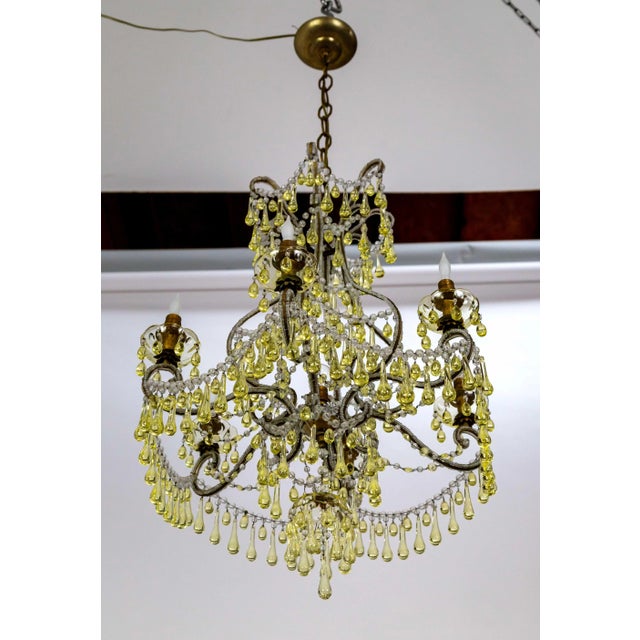 19th Century Pale Yellow Crystal Drops Birdcage Chandelier For Sale - Image 9 of 12