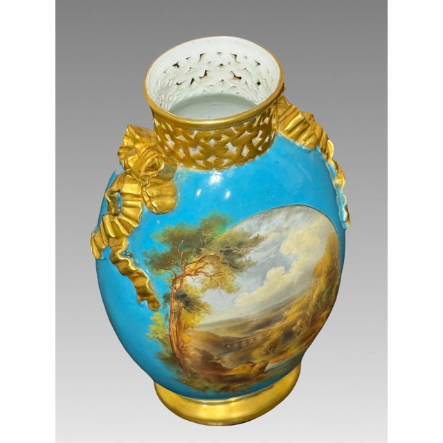 Antique Royal Worcester Gilt & Turquoise English Landscape Reticulated Vase, Aesthetic Period 1873 For Sale In Tampa - Image 6 of 10
