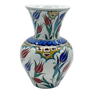 Handmade Ceramic Floral Vase (20cm) Red Tulip and Golden Garden Pattern For Sale