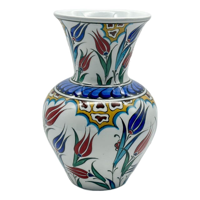 Handmade Ceramic Floral Vase (20cm) Red Tulip and Golden Garden Pattern For Sale