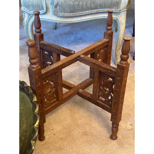1960s 1960s Small Moroccan Engraved Brass Tray With Scalloped Top on Carved Stand For Sale - Image 5 of 8