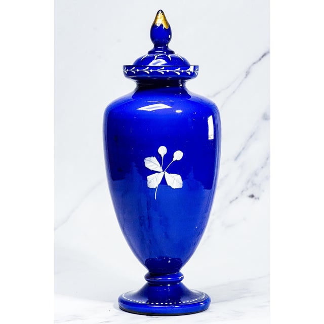Striking Cobalt Blue and Hand Painted White Dragon Fly Flower Design Antique Victorian Decorative Vase For Sale - Image 14 of 17