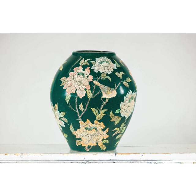 Green Ceramic Vase with Birds, Butterflies, and Floral Decoration For Sale - Image 10 of 12